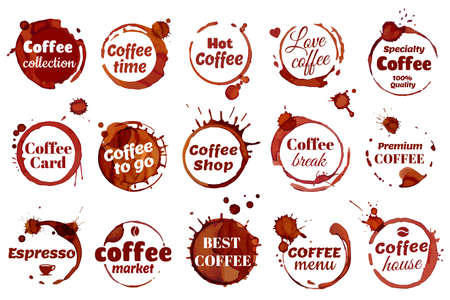Coffee stain ring label, coffee shop cafe icon. Premium quality emblem, dirty cup circle stains badge, spilled espresso stains vector set. Beverage logotype elements for cafe, restaurantのイラスト素材