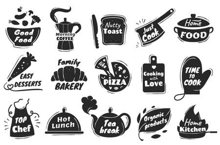 Cooking lettering icon, kitchen utensil emblem, home baking badge. Cookery and bakery quotes, restaurant or cafe menu vector set. Family bakery and desserts, shop with organic productsのイラスト素材