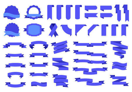 Blue flag labels and badges, tags ribbons banners. Vintage decorative design elements flat ribbon, label, corner, tag, badge vector set. Festive elements for grand opening, congratulationのイラスト素材