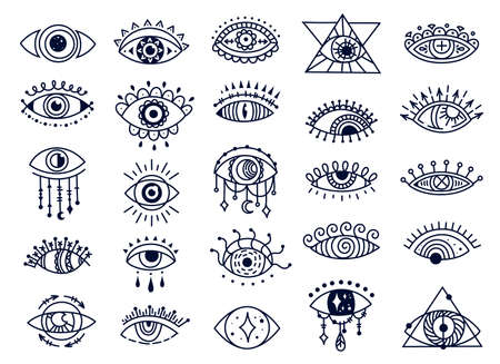 Mystic evil eyes doodles, spiritual turkish eye symbol. Hand drawn esoteric magic eye, ornamental amulet, good luck souvenir Vector set. Protective talisman with magic power for tattooのイラスト素材