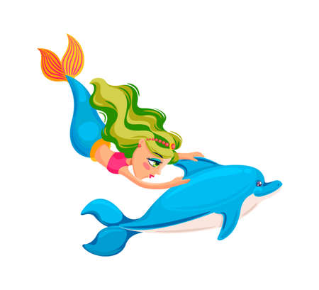 Dolphin and colored mermaid swim together underwater. Vector cartoon ocean character happy princess illustrationのイラスト素材