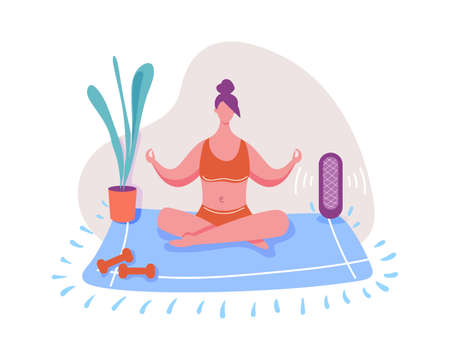 Woman doing yoga at home, calm meditation. Vector illustration of yoga meditation, woman exercise lifestyle for keep calm and relaxed at homeのイラスト素材
