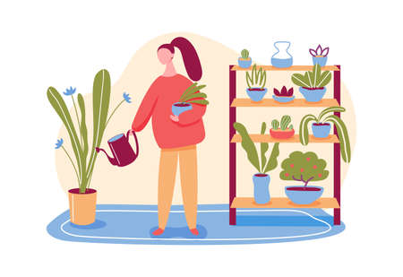 House garden concept, woman watering pot plants. Illustration of woman gardening houseplants, gardener growing flowerpot, potted plant vectorのイラスト素材