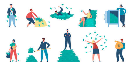 Rich people, millionaire characters with cash and money bags. Wealthy men and women throwing money bills, standing on dollar pile vector set. Business people earning fortune, incomeのイラスト素材