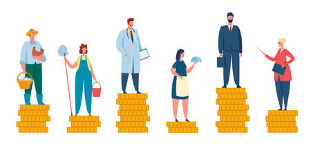 Salary difference, wage gap between rich and poor. People with different incomes, professional income comparison, unequal pay vector concept. Unfair profit for farmer, waitress, teacher and doctorのイラスト素材
