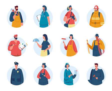 Professional workers avatars, portraits of people with various occupations. Firefighter, policeman, nurse, engineer, waiter avatar vector set. Employees providing different serviceのイラスト素材