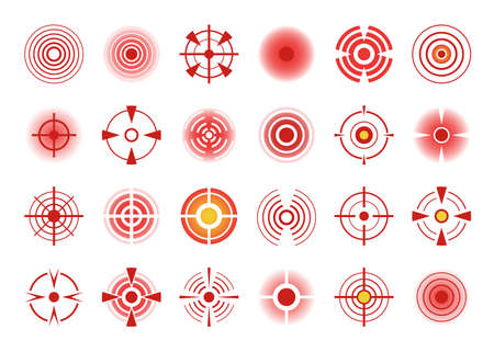Red pain circle icon, body painful spots. Hurting joints or muscles indication symbol, pains point sign and ache target elements vector set. Medical painkiller advert, targeting remedyのイラスト素材