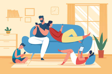 Family using smartphones and tablets, parents and kids with phones. Social media addiction, children use gadgets at home vector illustration. Father, mother and children with devicesのイラスト素材