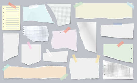 Paper scraps on sticky tape, page pieces with torn edges. Realistic ripped newspaper, ragged notebook sheet, ripped papers strips vector set. Squared and lined fragments for notes and memosのイラスト素材