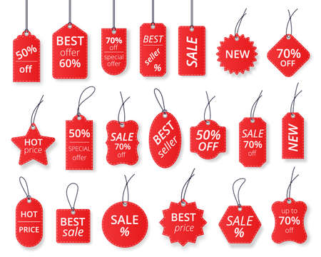 Realistic red sale labels, discount price tags mockups. Paper gift label with rope, promotional sales hanging tag vector template set. Retail product sticker elements with deal, hot priceのイラスト素材