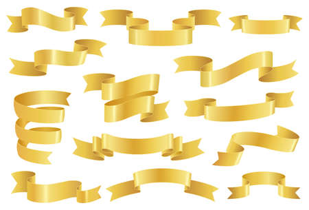 Golden ribbons, realistic glossy gold tape banner elements. Empty premium promo ribbon or scroll, elegant vintage decoration Vector set. Festive promotional blank elements isolated on whiteのイラスト素材