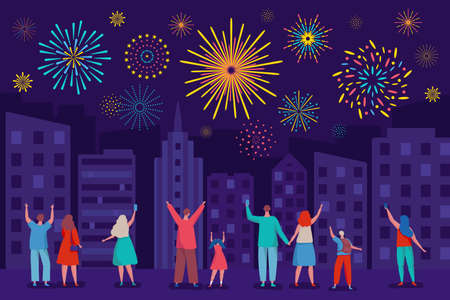 Happy people watching fireworks in night sky. City festival, holiday celebration with colorful firework explosions vector illustration. Parents with children taking photos on phoneのイラスト素材
