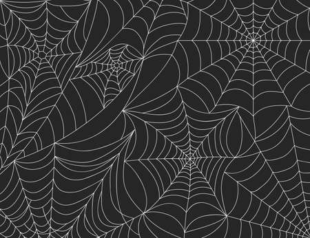 Halloween spider web background, scary cobweb decoration elements. Spooky spider webs silhouette, horror theme party vector backdrop. Sticky hanging net for gothic fearful holiday eventのイラスト素材