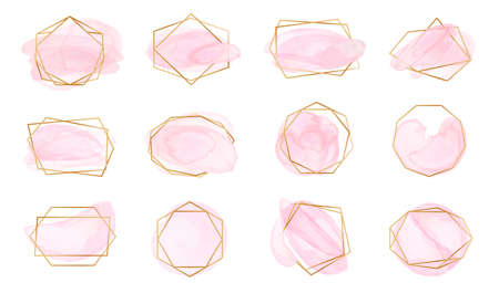 Pink watercolor brush strokes with geometric gold frames. Pastel rose labels with abstract polygonal shapes, elegant fashion logo vector set. Golden glossy borders with spots or splashes for weddingのイラスト素材