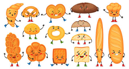 Cute cartoon bread characters with happy faces. Funny croissant, muffin, baguette, pretzel and toast. Bakery mascot character vector set. Fresh snack for morning breakfast with cheerful expressionのイラスト素材