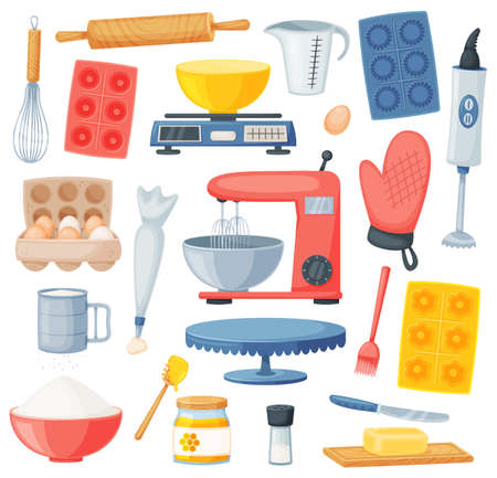 Cartoon cooking and baking ingredients, kitchen utensils. Flour, eggs, honey, salt. Kitchenware and desserts bakery ingredient vector set. Isolated supplies and tools for food cookingのイラスト素材