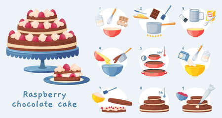 Cake recipe, baking dessert step by step instruction. Delicious birthday chocolate cake with cream, sweet bakery preparation vector illustration. Raspberry tasty pastry cooking processのイラスト素材