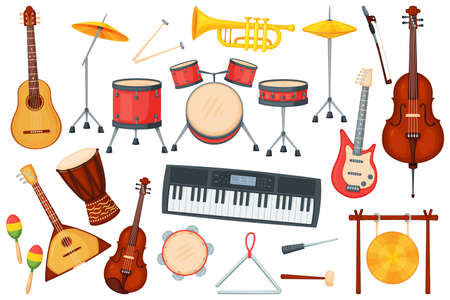 Cartoon music instruments for orchestra or jazz performance. Drums, electric guitar, trumpet, piano, classical musical instrument vector set. Different equipment for live show entertainmentのイラスト素材