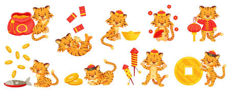 Cartoon chinese new year tiger, cute tigers with gold ingot. Little tiger cubs with firecrackers, money bag. Holiday mascot character vector set. Characters in national clothing with coinsのイラスト素材