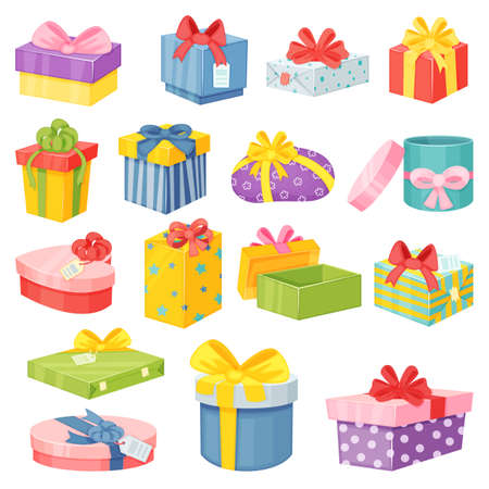 Cartoon gift boxes, wrapped present packages with bows. Colorful presents in various shapes for birthday or christmas celebration vector set. Greeting cartons with ribbons for holidaysのイラスト素材