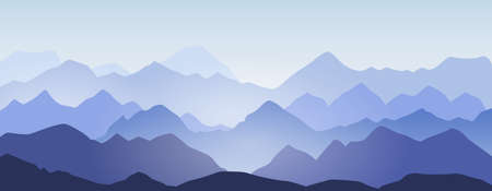 Mountain ridges and hills silhouette landscape background. Abstract morning mountains panorama, beautiful nature scene vector illustration. Peaks in mist or blue fog and cold sunlightのイラスト素材