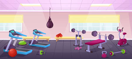 Cartoon gym interior with fitness equipment, city training club. Empty sport room with bench press, treadmill, dumbbells vector illustration. Space for doing active exercises or workoutのイラスト素材