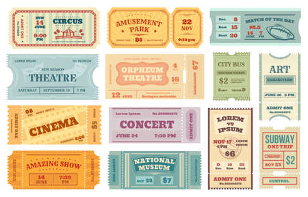 Retro tickets to cinema, vintage movie, concert or theater ticket. Old paper admission coupon, invitation card for event, travel pass vector set. Amusement park, national museum entranceのイラスト素材