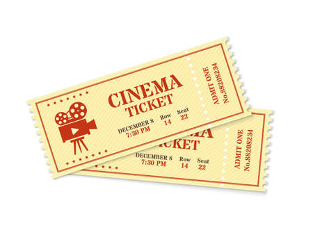 Two cinema tickets, realistic movie ticket mockup. Old vintage movies show entrance pass, film festival admission coupon vector template. Permission to enter to watch movie isolatedのイラスト素材