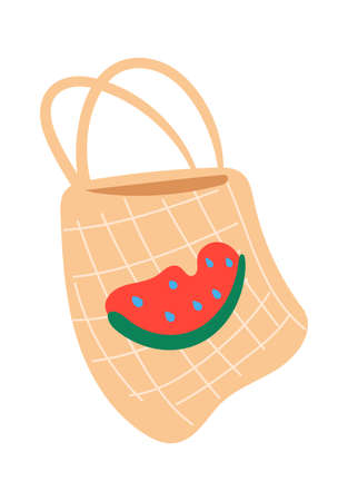 Beach bag or shopper with picture watermelon. Fashion bag design, handbag for beach travel, isolated accessory for summer, vector illustrationのイラスト素材