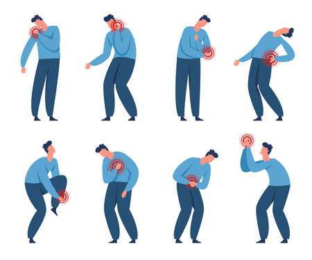 Man in pain, male character suffering from various body aches. Person with headache, heartache, stomach cramps, muscle or join ache vector set. Health problems with painful symptomsのイラスト素材
