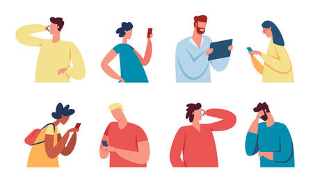 People with gadgets, young characters use mobile phones or tablets. Men and women talking on smartphone, texting, using social media vector set. Students chatting and using networksのイラスト素材