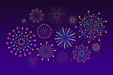 Fireworks in night sky, abstract holiday celebration background. Colorful salutes festive firework, holiday or birthday party vector illustration. New year or birthday event cartoonのイラスト素材