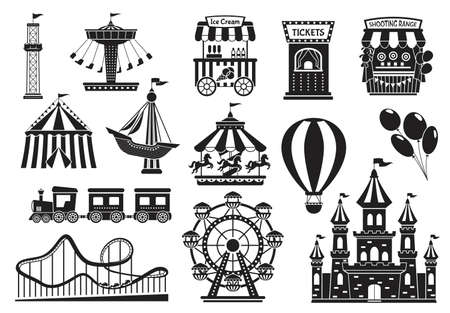 Amusement park silhouette elements, carnival fairground attractions. Kids carousel, roller coaster, circus tent, funfair rides icon vector set. Ferris wheel for fun and entertainmentのイラスト素材