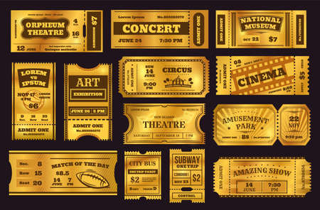 Golden tickets, old vintage coupons, premium gold ticket. Retro cinema or concert admission coupon, circus or theatre invitation card vector set. Voucher for museum and amusement park entranceのイラスト素材