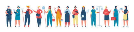Professional female worker in uniform, women of different occupations. Diverse group of women workers standing together vector illustration. Characters working for various jobs, career employmentのイラスト素材