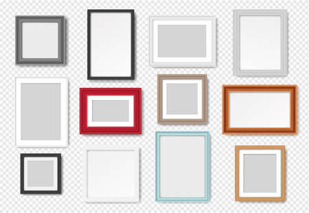 Blank picture frame mockup, realistic frames for paintings, posters or photos. Vintage wooden photo frame, art gallery wall frame vector set. Colorful borders for artworks and home decorationのイラスト素材