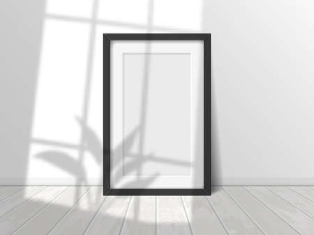 Realistic blank picture frame with window shadow overlay effect. Interior wall with empty photo or poster print border vector mockup. Black border design with light effect for indoor interiorのイラスト素材