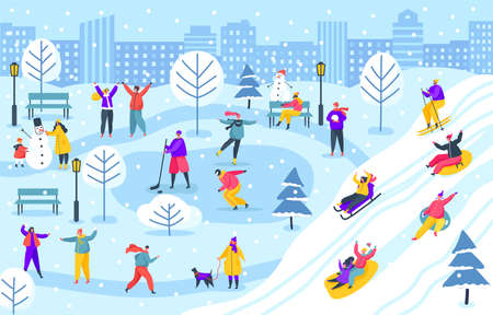 People in winter city park, characters sledding or ice skating. Family making snowman and having fun in wintertime outdoor vector illustration. Children having snowball fight, playing hockeyのイラスト素材