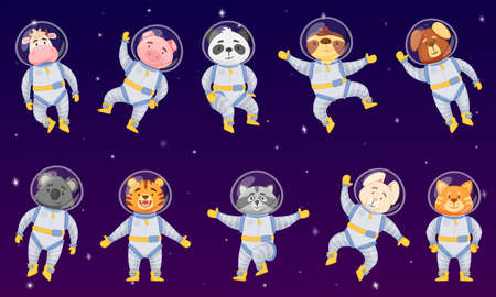 Cartoon animal astronauts, cute animals in space suits. Funny panda, dog, raccoon, tiger, koala character flying in outer space vector set. Characters exploring universe, discovering galaxyのイラスト素材