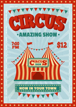 Vintage circus poster template, funfair invitation flyer. Retro amazing magic show invite banner, carnival event announcement vector illustration. Performance or festival advertisementのイラスト素材