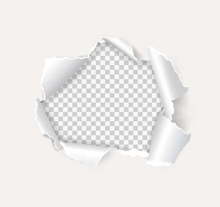 Rip open paper holes with torn edges, hole in wall. Realistic white page sheet with round crack or burst on transparent background vector. Damaged gap with teared and ragged bordersのイラスト素材