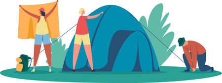 Tourists group setting tent for camp, outdoor rest. Vector tourist trip and equipment to camping, vacation and adventure outdoor illustrationのイラスト素材