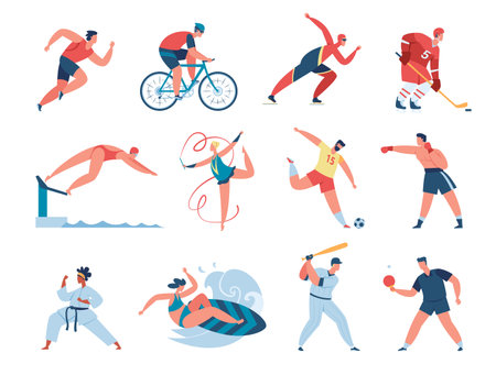 Sport people, professional athlete gymnast, boxer, runner. Athletic characters playing baseball, soccer, hockey, sports activities vector set. Woman doing rhythmic gymnastics, man playing golfのイラスト素材