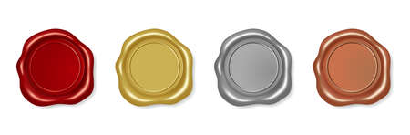 Red and gold wax seal stamp, silver or platinum certificate seals. Realistic wax medallion signature stamps, sealed letter labels vector set. Royal guarantee for scroll or certificateのイラスト素材