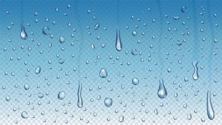Realistic rain drops on window glass, steam shower condensation. Raining water droplets, clear raindrops on transparent vector background. Blue gradient backdrop with flowing blobsのイラスト素材
