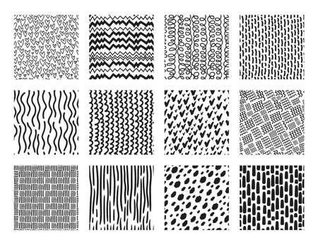 Cute hand drawn seamless patterns with dots, waves, scribbles. Abstract print or fabric pattern, hearts or lines doodles vector texture set. Simple monochrome swirls and stripes for textileのイラスト素材