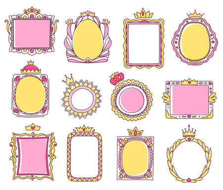 Cute hand drawn pink princess frames with crowns. Sketch photo or mirror frame with tiara, girly doodle border for baby princesses vector set. Royal romantic framework with swirls isolated on whiteのイラスト素材