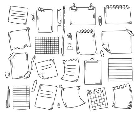 Doodle paper note, hand drawn notebook pages and sticky notes. Empty papers sheets sketches, cute memo stickers with pin or tape vector set. Journal or reminder for writing pencil or penのイラスト素材