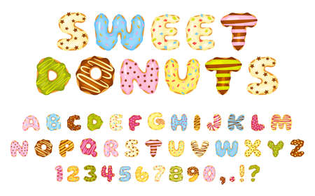Cartoon sweet donuts font, colorful glazed donut letters and numbers. Cute dessert alphabet, delicious abc doughnuts with sprinkles vector set. English language, numerals and punctuation marksのイラスト素材