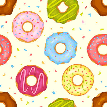 Cartoon cute donuts seamless pattern, glazed donut with sprinkles. Delicious doughnuts, sweet pastry dessert bakery vector background. Tasty sugary food assortment for wallpaper or fabricのイラスト素材